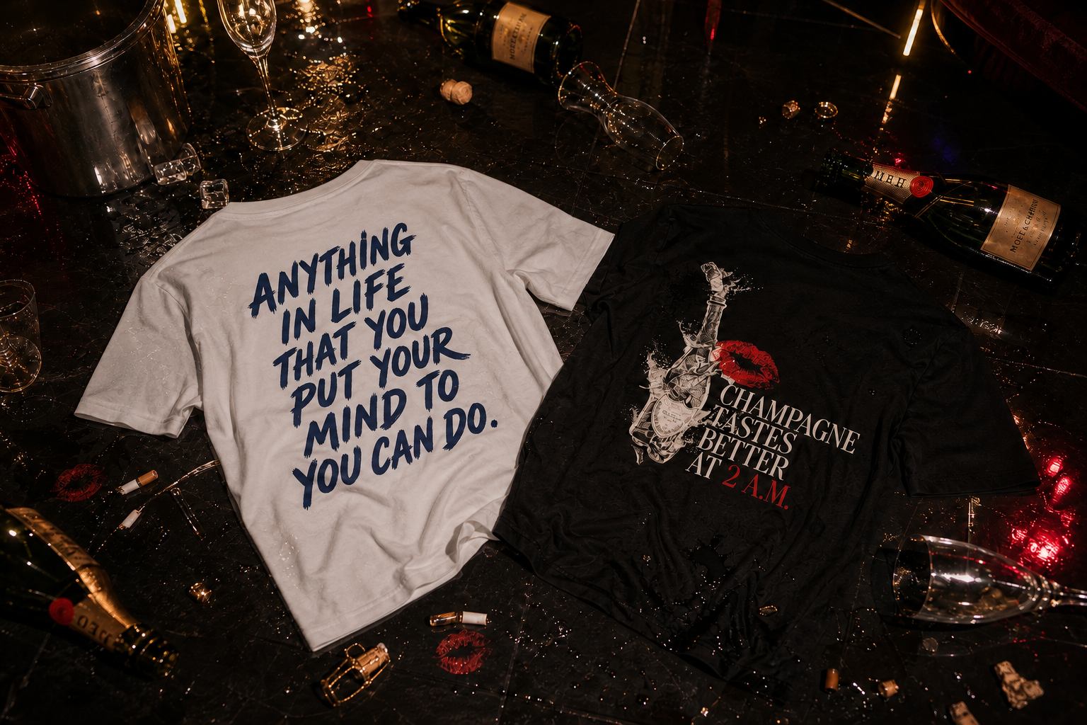 Nocte tees laid out among champagne bottles after a night out