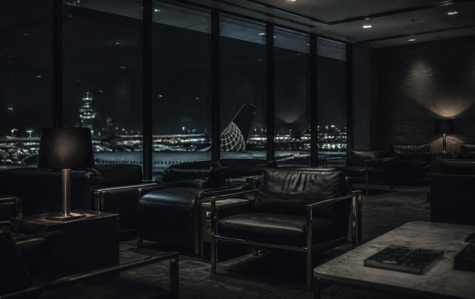 Empty first class airport lounge at night